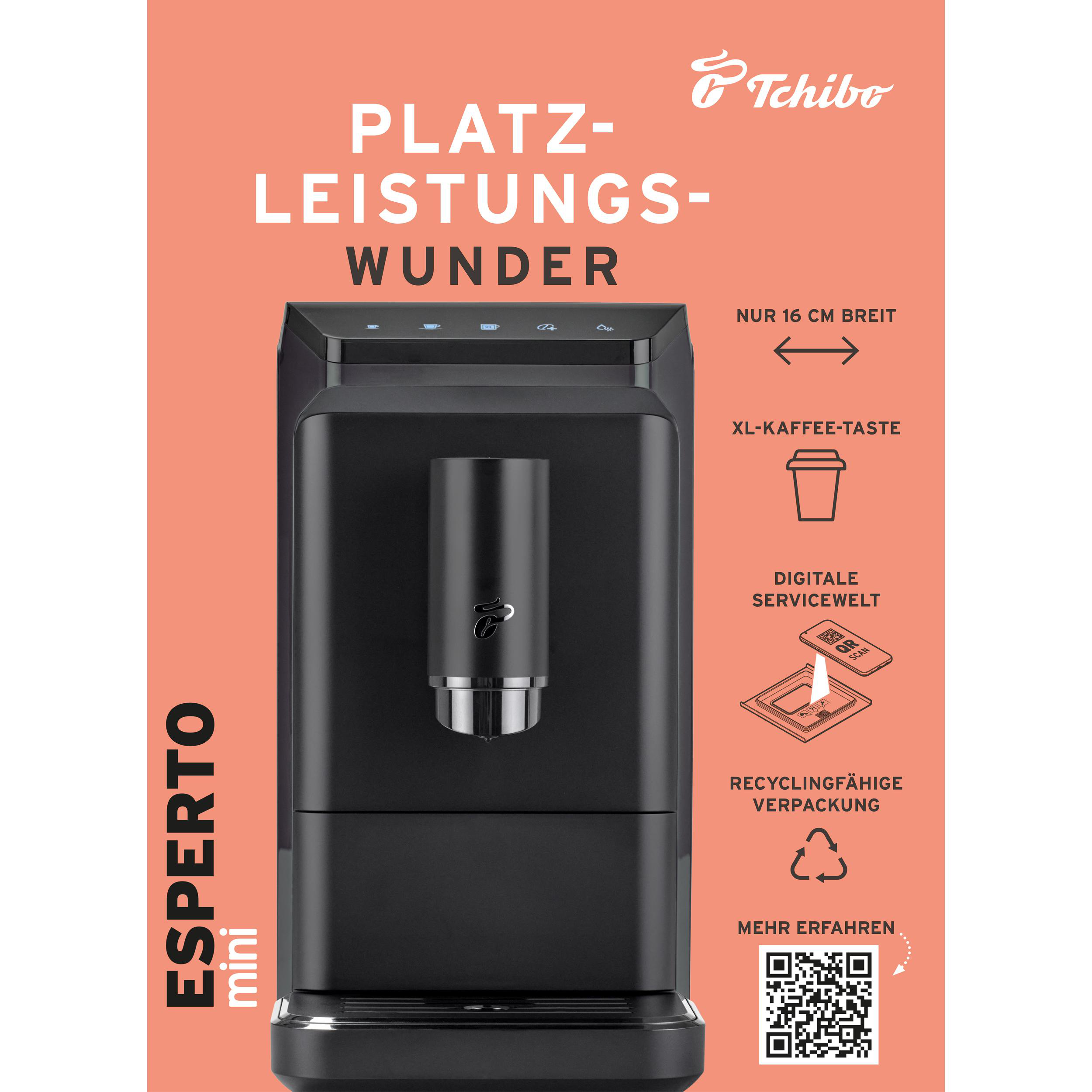 Eine schwarze Kaffeemaschine mit Tchibo-Logo auf korallenfarbenem Hintergrund. Text enthält 'Esperto mini' und Merkmale.