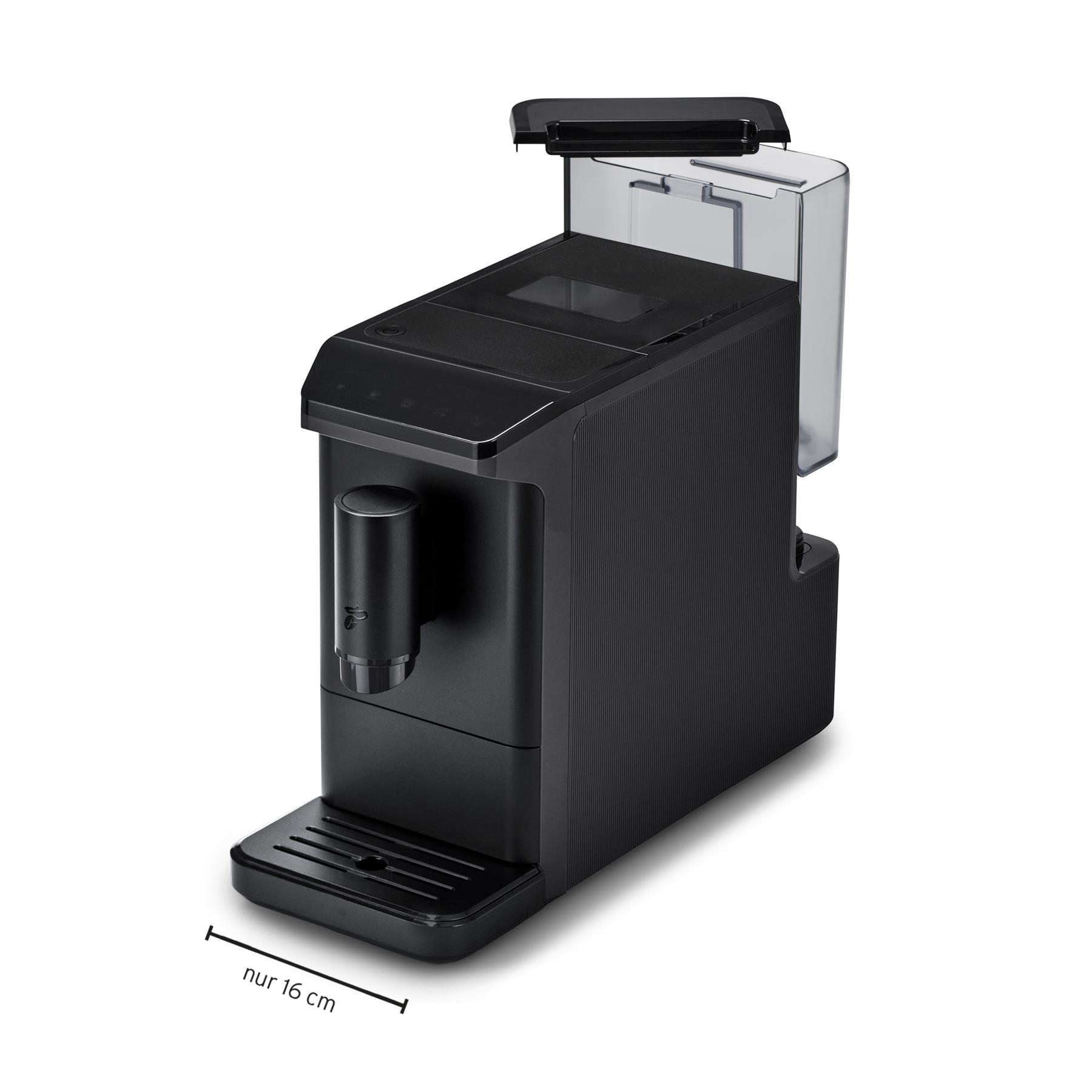 Eine schwarze Kaffeemaschine mit Wassertank und einem Maß von 16 cm. Sie hat ein modernes Design.