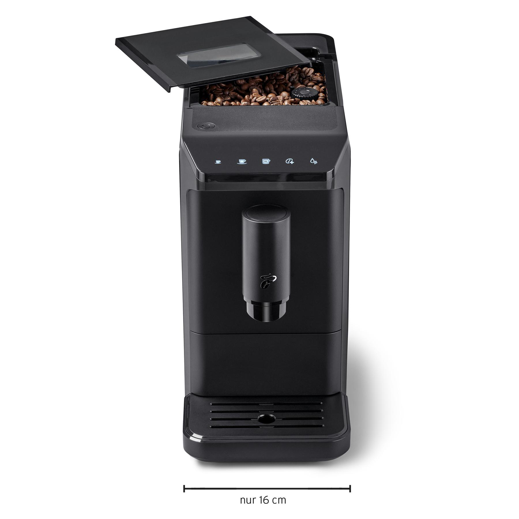 Schwarze Kaffeemaschine mit offenem Bohnenbehälter. Kaffeebohnen sichtbar. Enthält eine Wasserauffangschale. Größe 16 cm.
