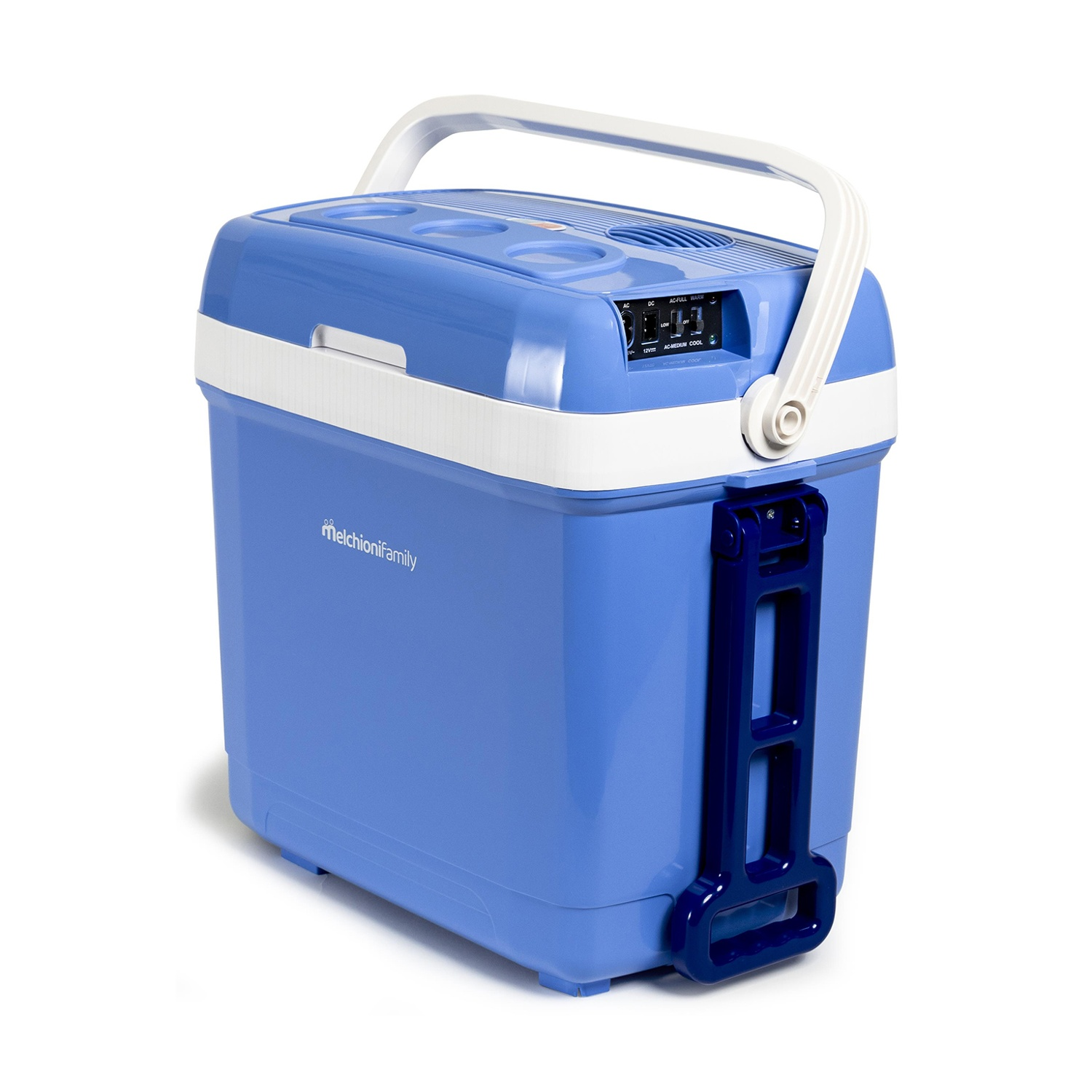 Un frigorifero blu e bianco con manico bianco. Ha un pannello di controllo in alto e una maniglia blu scuro sul lato.