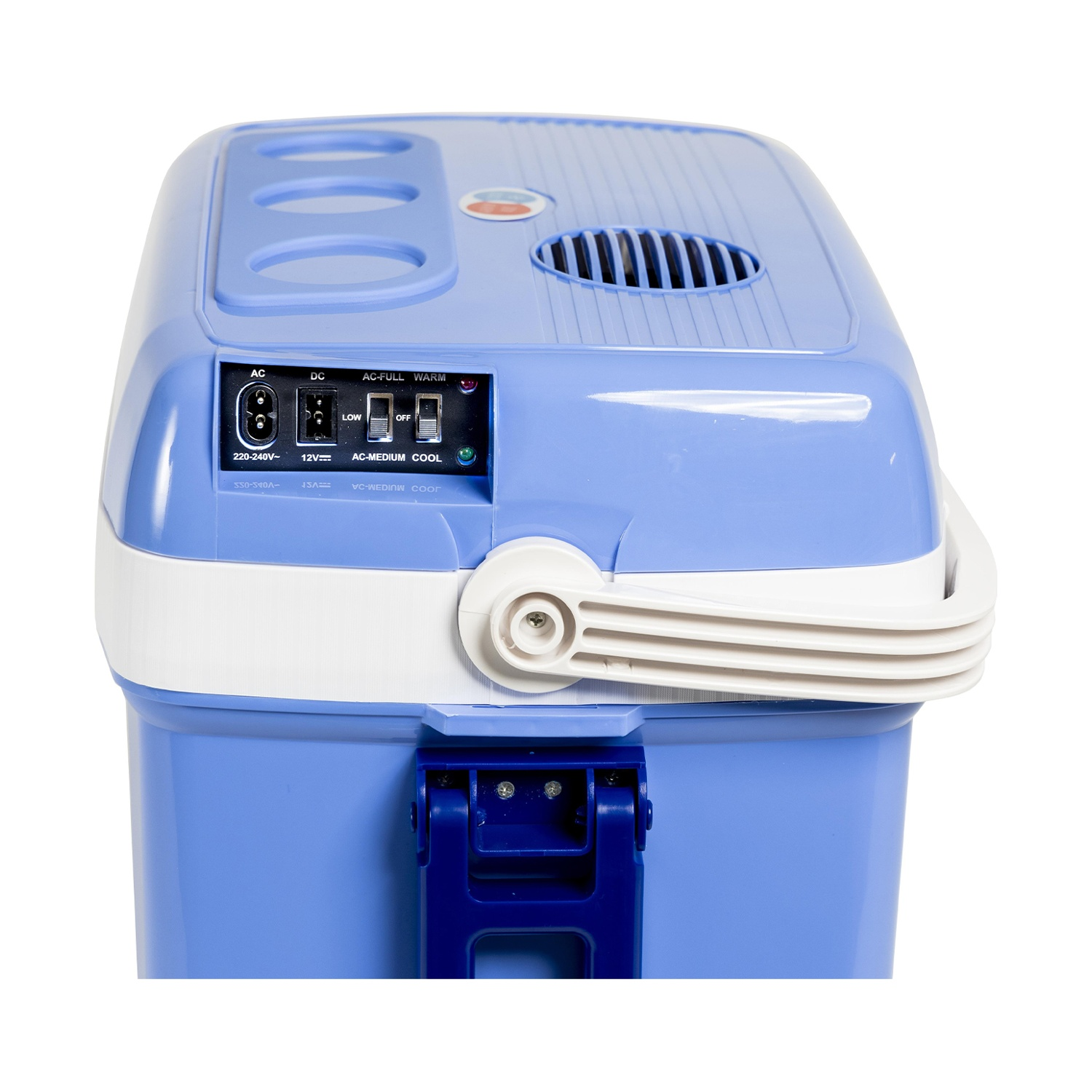 Un frigorifero portatile blu e bianco. Ha una maniglia, prese d'aria e un pannello di controllo con interruttori e ingressi di alimentazione.