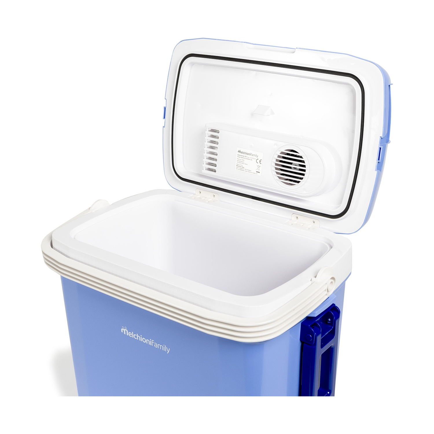 Un refrigeratore blu e bianco con coperchio aperto. L'interno è bianco. Ha una maniglia laterale.