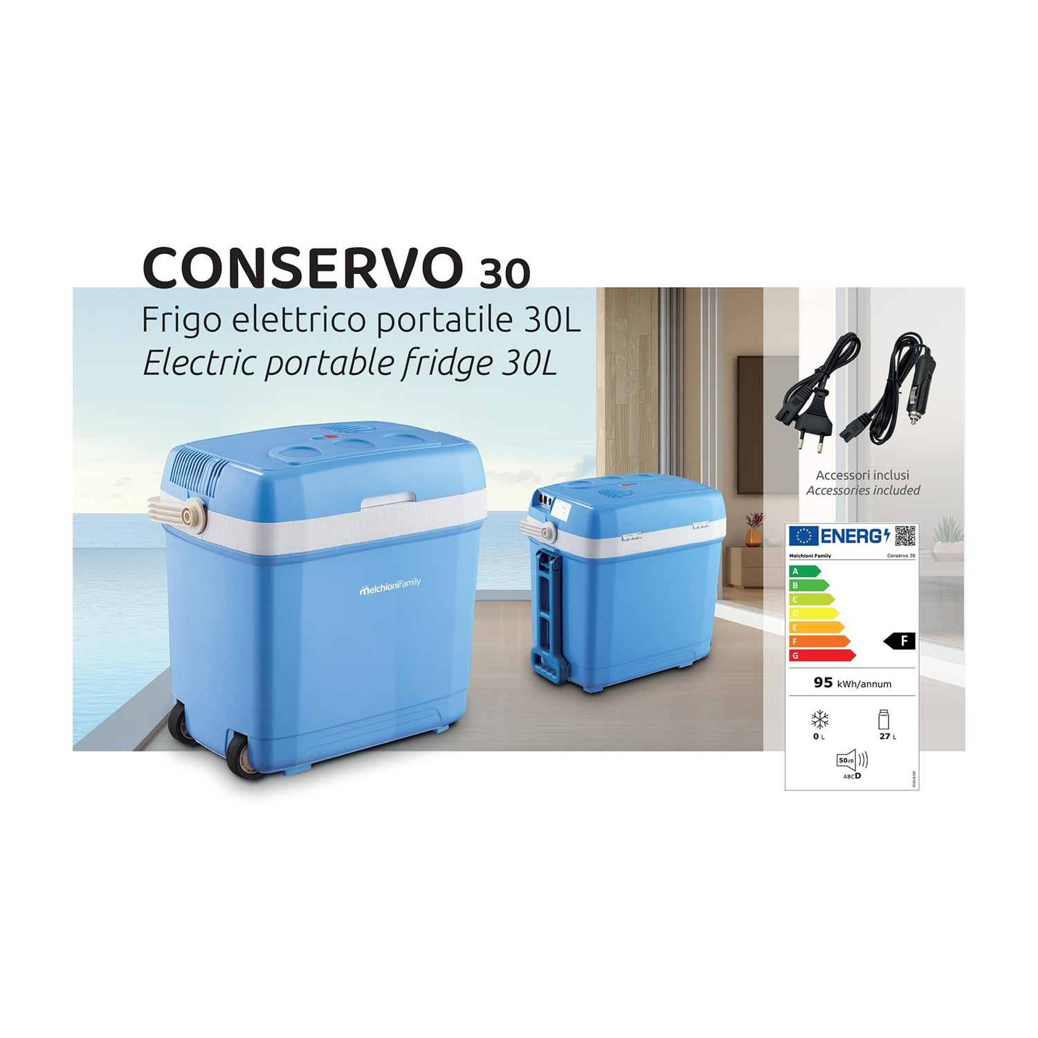Un frigorifero portatile elettrico blu, etichettato CONSERVO 30. Include accessori e un'etichetta di efficienza energetica.