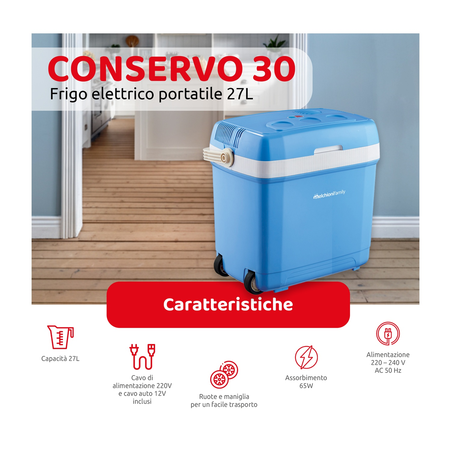 Frigorifero elettrico portatile blu con ruote. Testo: CONSERVO 30, Frigo elettrico portatile 27L e icone delle caratteristiche.