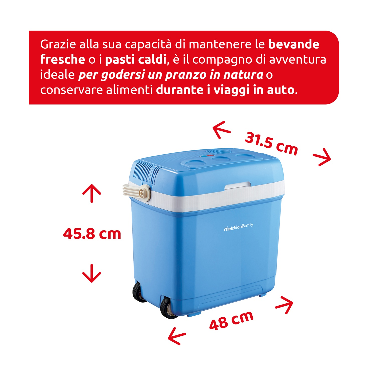 Un refrigeratore blu con dettagli bianchi e ruote. Il testo spiega il suo utilizzo per mantenere freschi cibi e bevande durante i viaggi.