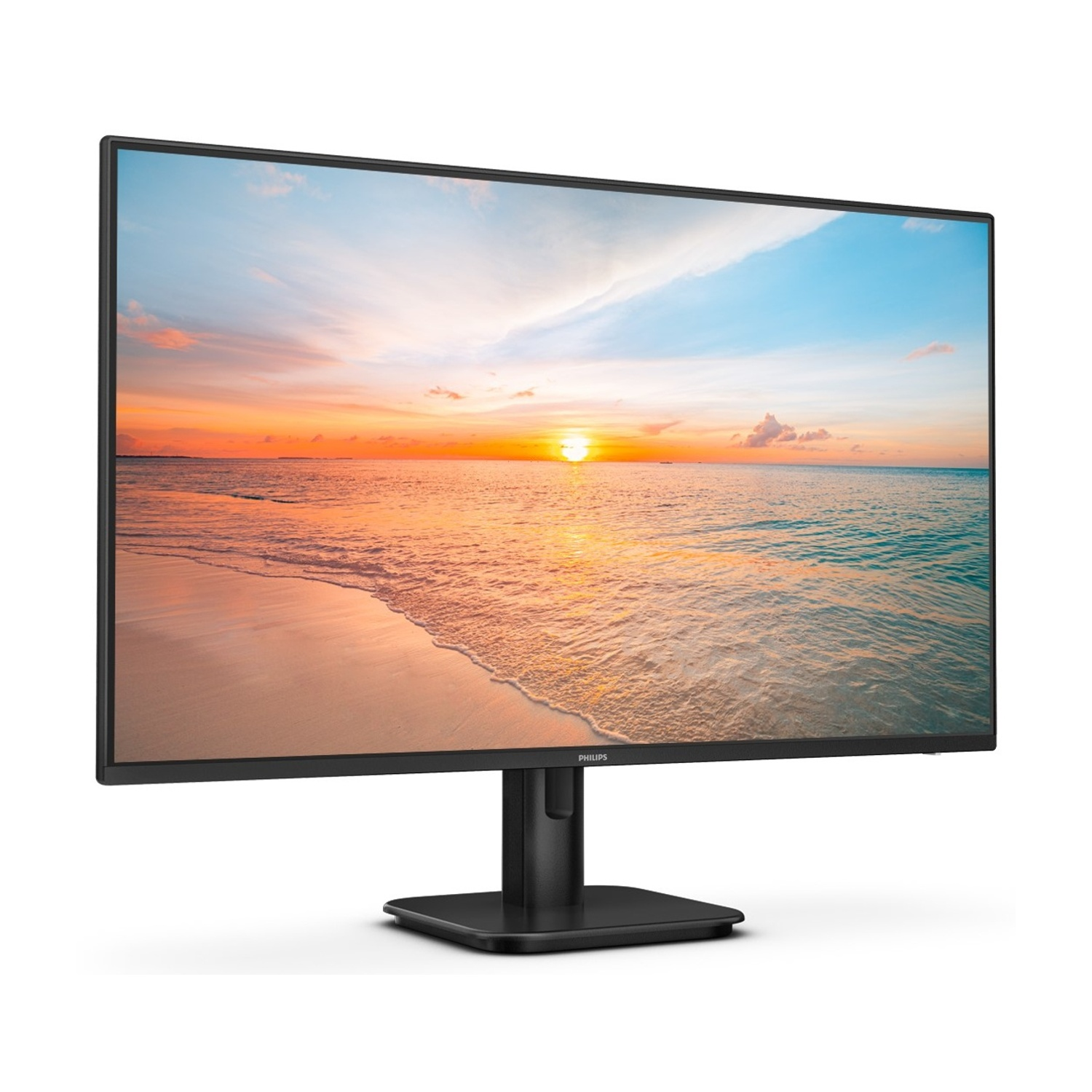 Un monitor di computer visualizza una scena di tramonto sulla spiaggia. Il monitor è nero, con un supporto nero. Lo sfondo è bianco.