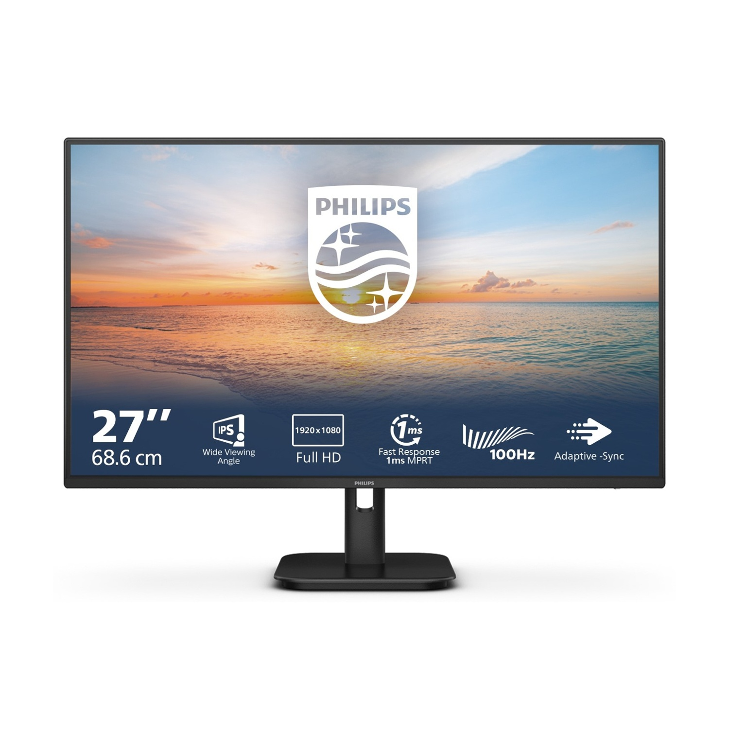 Un monitor Philips da 27" mostra un tramonto. Caratteristiche: IPS, Full HD, risposta 1ms, 100Hz e Adaptive-Sync. Base nera.