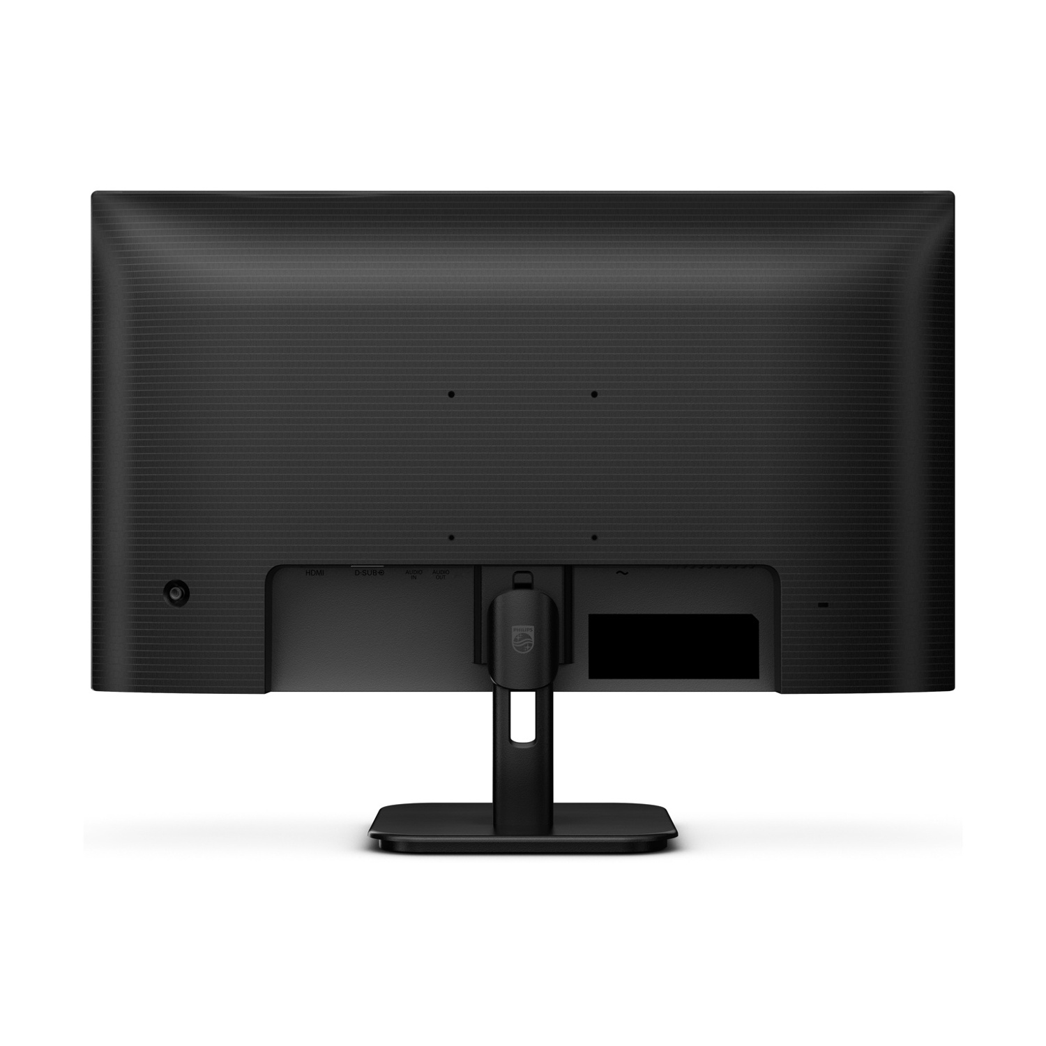 Vista posteriore di un monitor Philips nero con porte, supporto e logo Philips. Sfondo bianco.