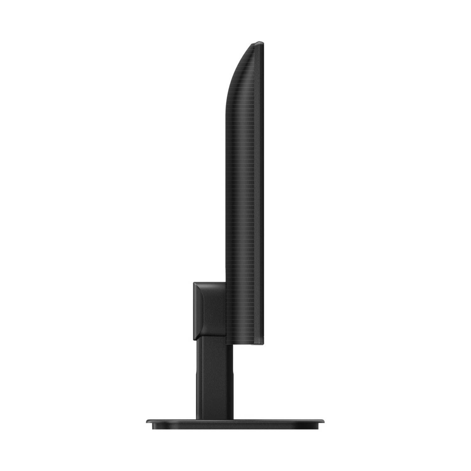 Un monitor del computer nero visto di lato. Ha uno schermo rettangolare, un supporto e una base, tutto nero.