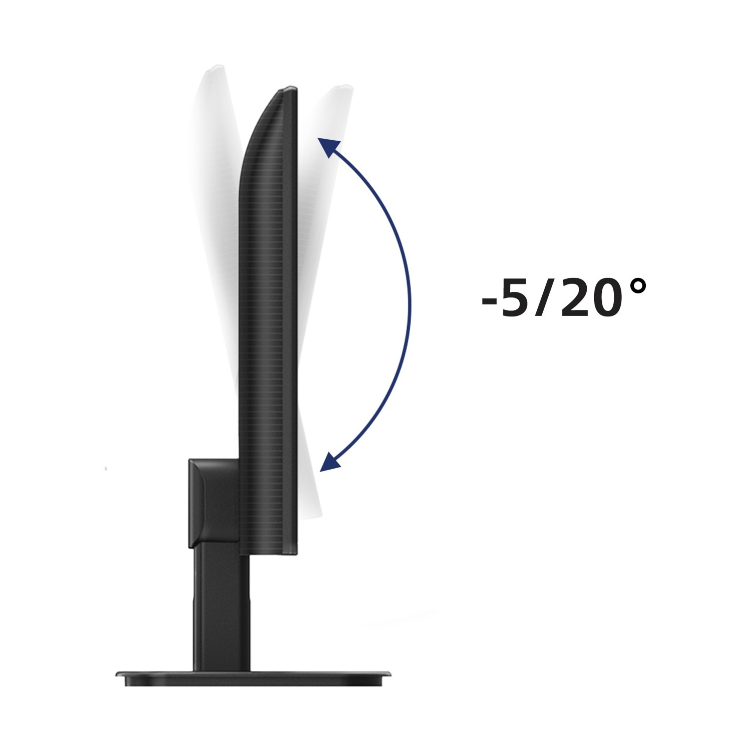Un monitor di computer nero è mostrato ad angolo, con un arco che indica un intervallo di inclinazione di -5/20 gradi su sfondo bianco.
