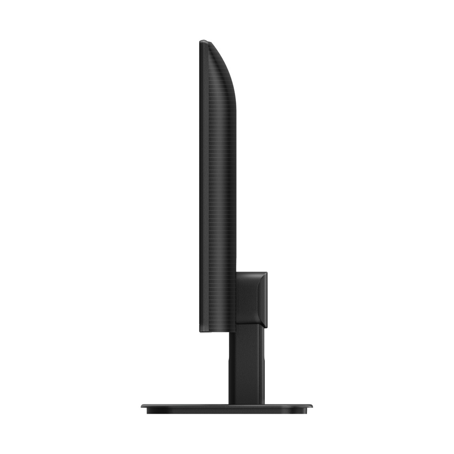 Un monitor di computer nero, visto di lato, è posizionato su una base nera. Lo schermo è alto e stretto, con una superficie strutturata.