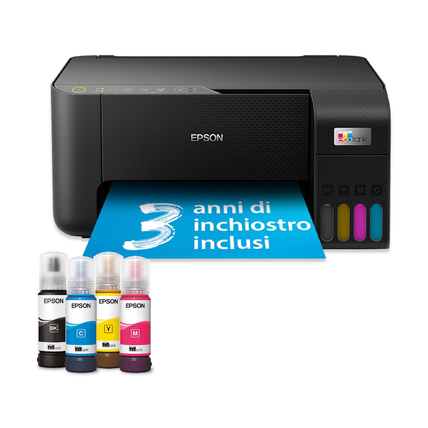 Una stampante Epson con flaconi di inchiostro. La stampante è nera e i flaconi sono neri, ciano, giallo e magenta. Cartello blu: '3 anni di inchiostro'.
