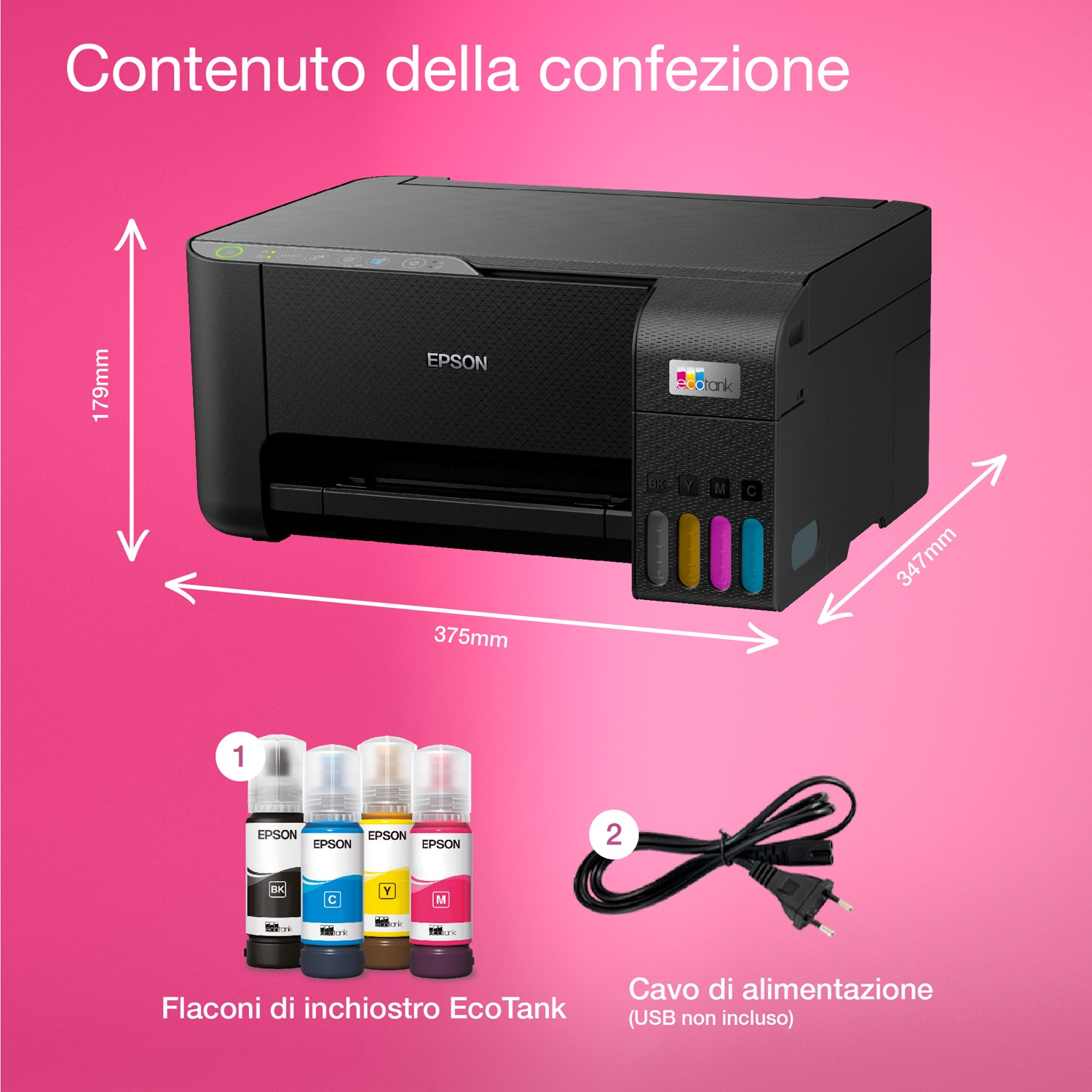 Stampante Epson nera con flaconi d'inchiostro e cavo di alimentazione su sfondo rosa.