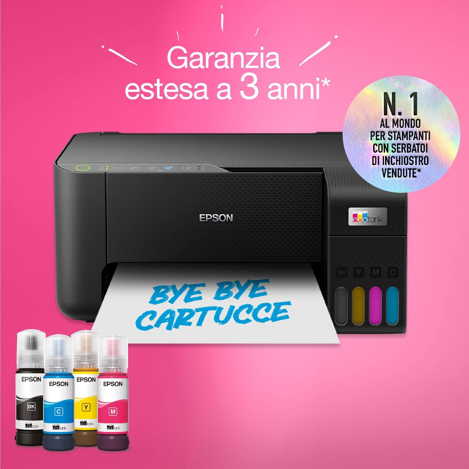 Una stampante Epson con flaconi di inchiostro, un foglio con 'Bye Bye Cartucce' e testo sulla garanzia di 3 anni.