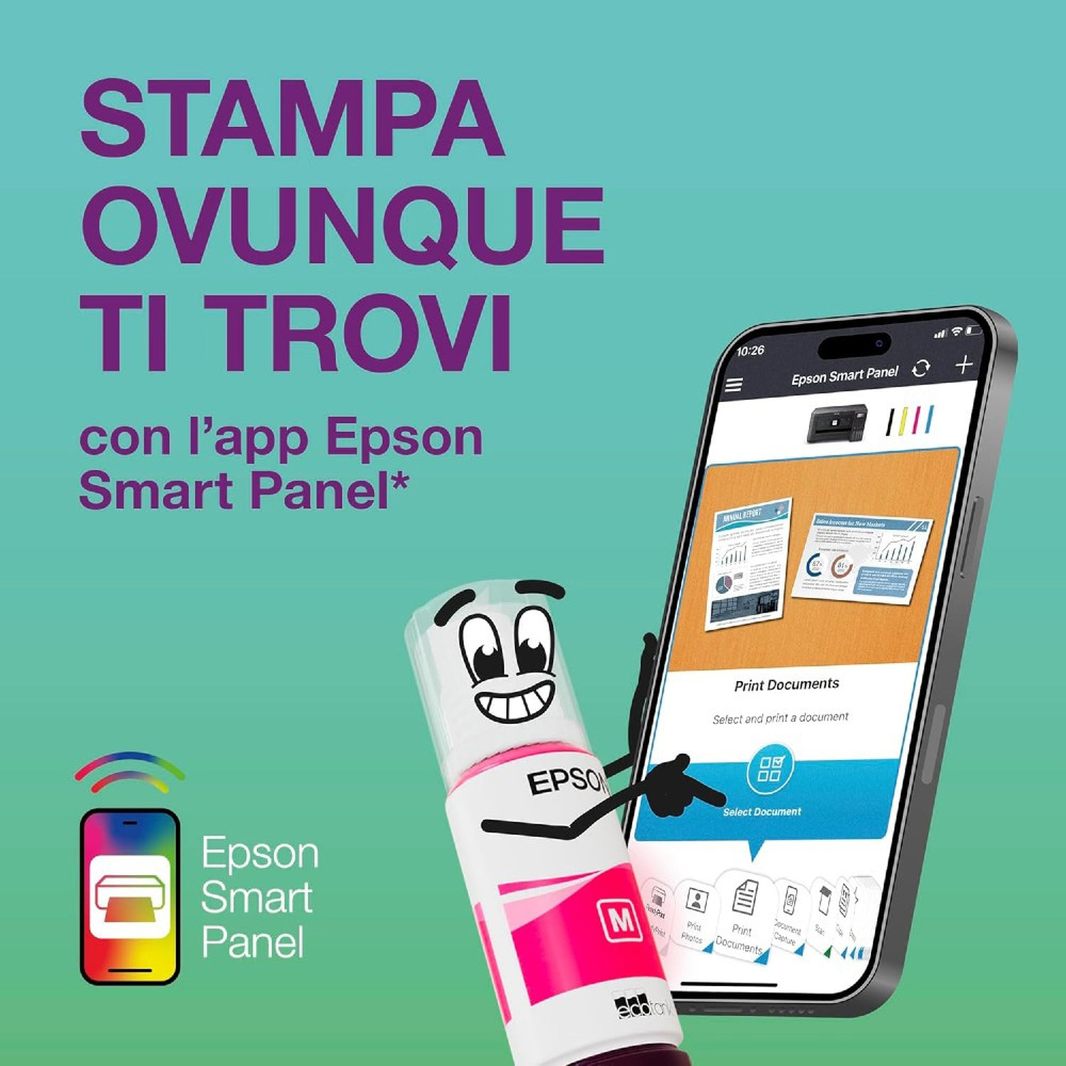 Un flacone di inchiostro Epson con un volto tiene in mano un telefono che mostra l'app Epson Smart Panel, con testo italiano sopra.