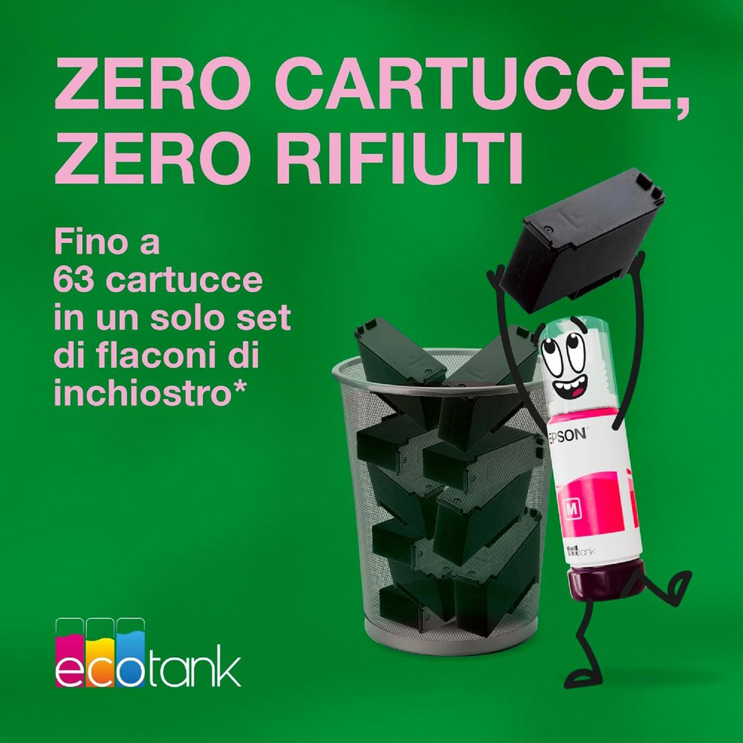 Una bottiglia d'inchiostro animata getta cartucce d'inchiostro in un cestino. Il testo dice 'Zero cartucce, zero rifiuti' e 'Fino a 63 cartucce'.