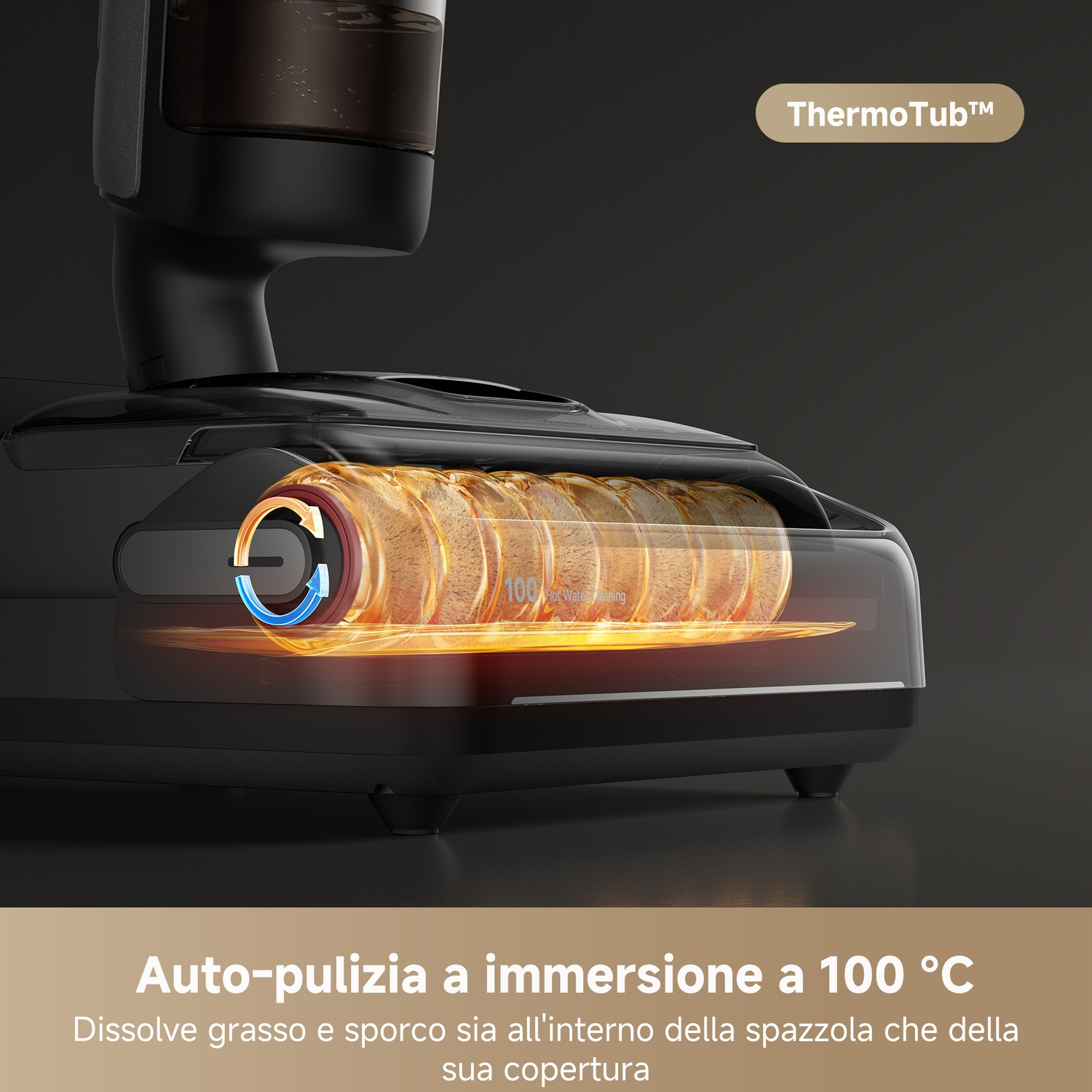 Una macchina con un vano trasparente che mostra una spazzola rotante. La spazzola è all'interno di una camera d'acqua riscaldata. Il testo recita 'ThermoTub'.