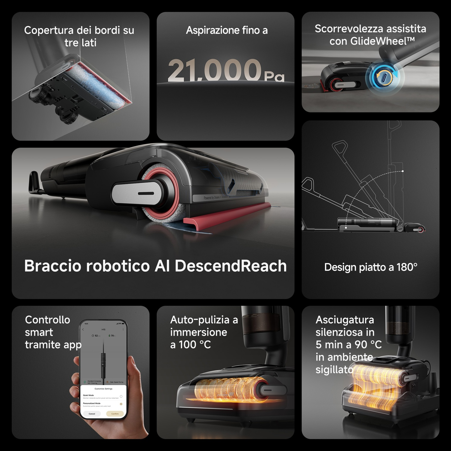 Funzionalità dell'aspirapolvere: pulizia bordi, potenza di aspirazione, GlideWheel, braccio robotico, design piatto, controllo app, autopulizia e asciugatura silenziosa.