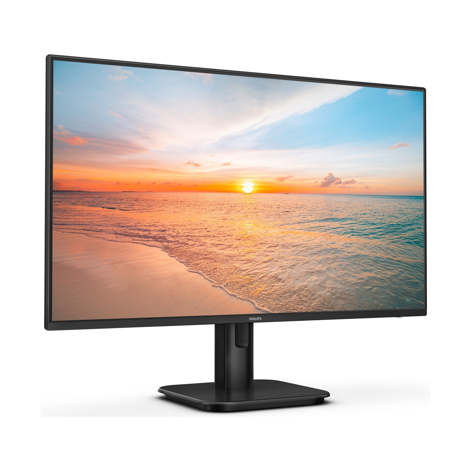 Un monitor di computer nero mostra una scena di tramonto sulla spiaggia. Il monitor è su un supporto nero su uno sfondo bianco.