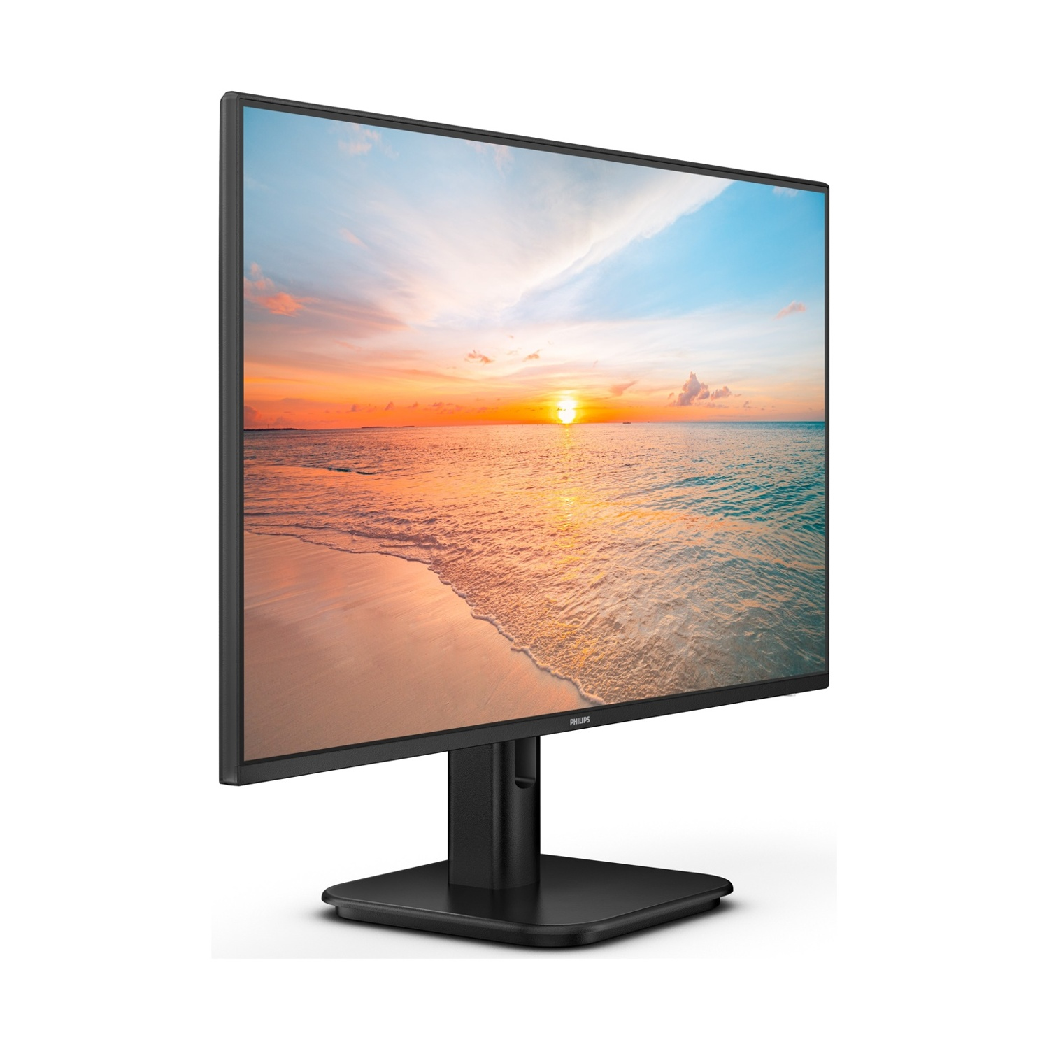 Un monitor di computer nero mostra una scena di tramonto sulla spiaggia. Il monitor è su un supporto nero su sfondo bianco.