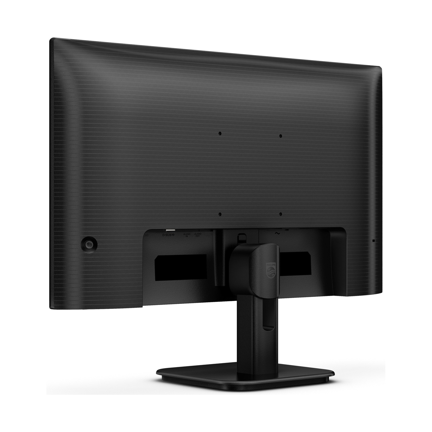 Un monitor del computer nero è mostrato dal retro, con un supporto in basso. Ha una superficie strutturata e porte.