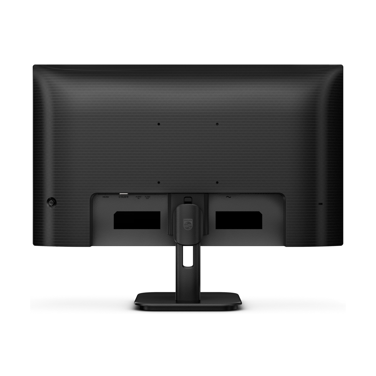 Vista posteriore di un monitor Philips nero. Ha diverse porte, un supporto e il logo Philips. Lo sfondo è bianco.