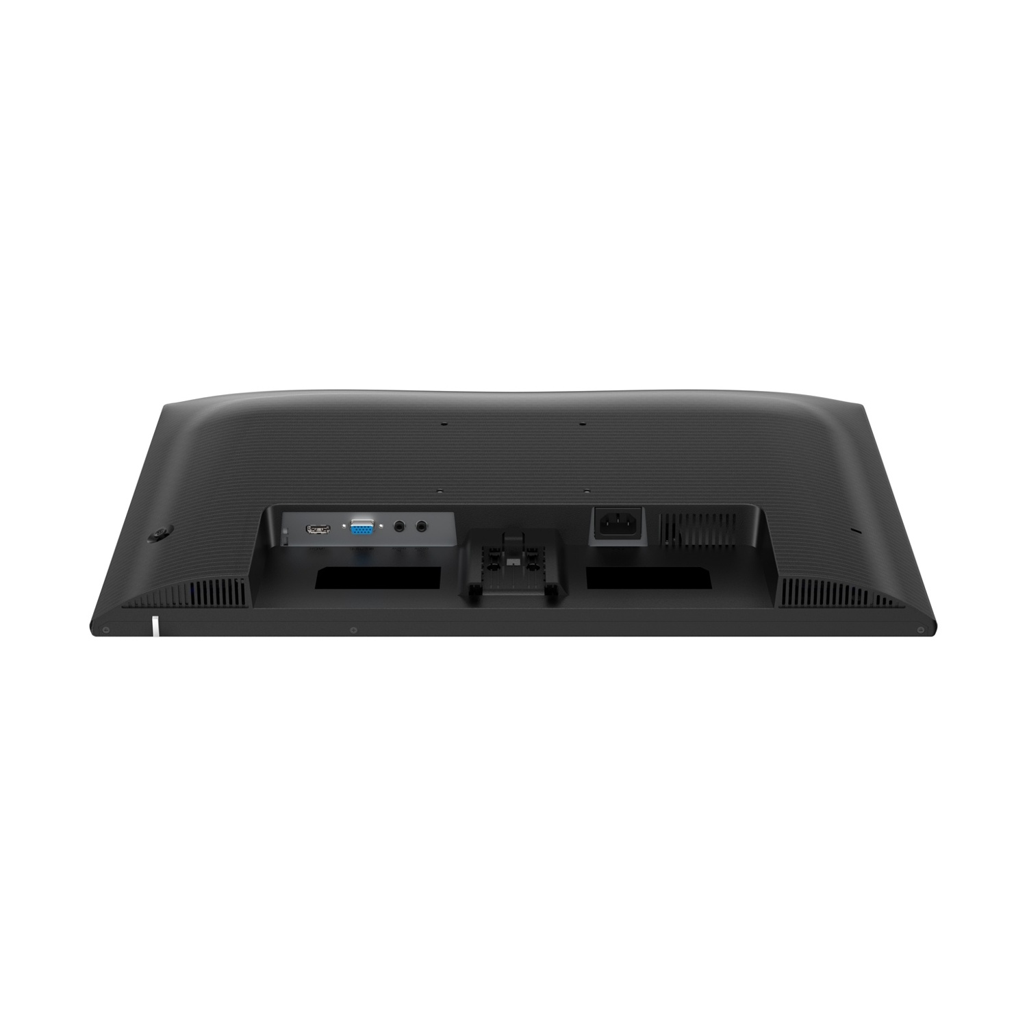 La parte posteriore di un monitor nero con varie porte, tra cui HDMI, VGA, audio e ingresso di alimentazione, è visibile.