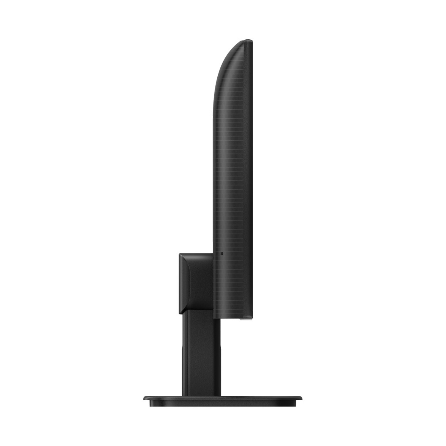 Un monitor di computer nero è visto di lato. È su un supporto nero. Lo sfondo è bianco.