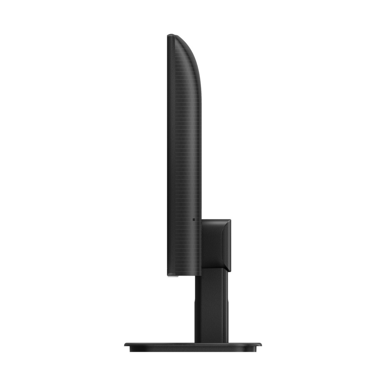 Una vista laterale di un monitor di computer nero. Ha uno schermo curvo ed è montato su un supporto. Lo sfondo è bianco.