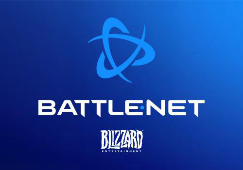 Das Battle.net-Logo vor blauem Hintergrund. Das Logo von Blizzard Entertainment befindet sich darunter.