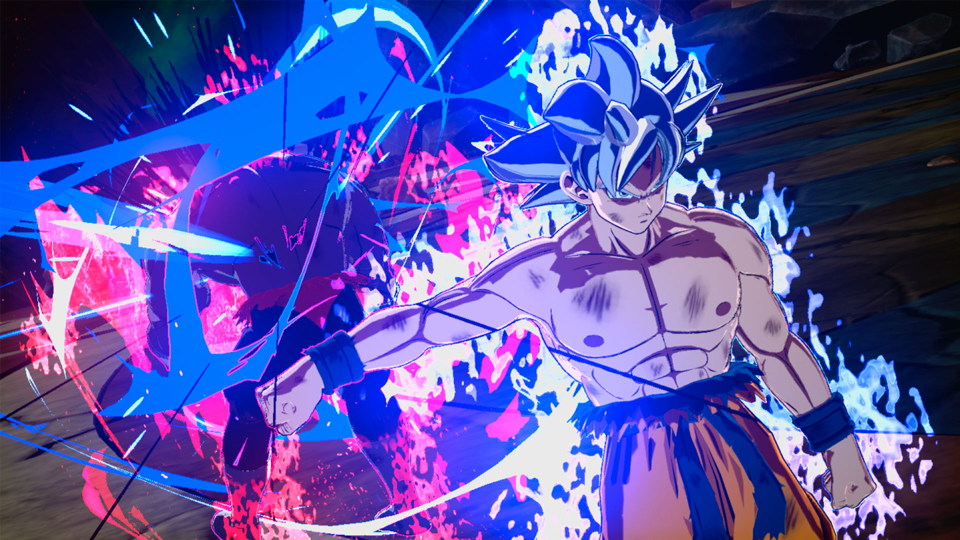 Personaggio anime con capelli blu a punta, a torso nudo, in posa d'azione. Effetti di energia blu e rosa lo circondano. Sfondo sfocato.