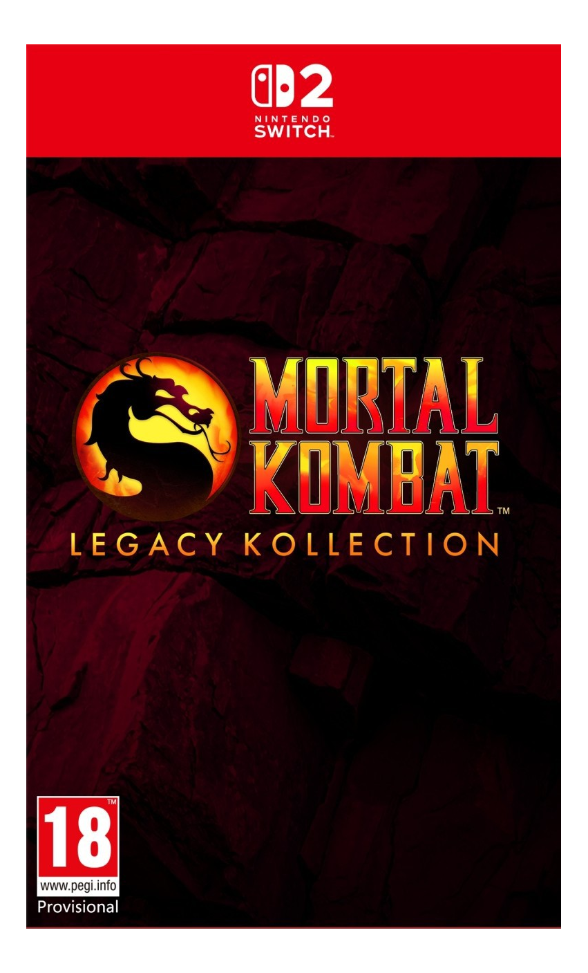 Mortal Kombat Legacy Kollection Cover. Roter Hintergrund, Spiellogo, Nintendo Switch Logo und eine 18er-Einstufung.