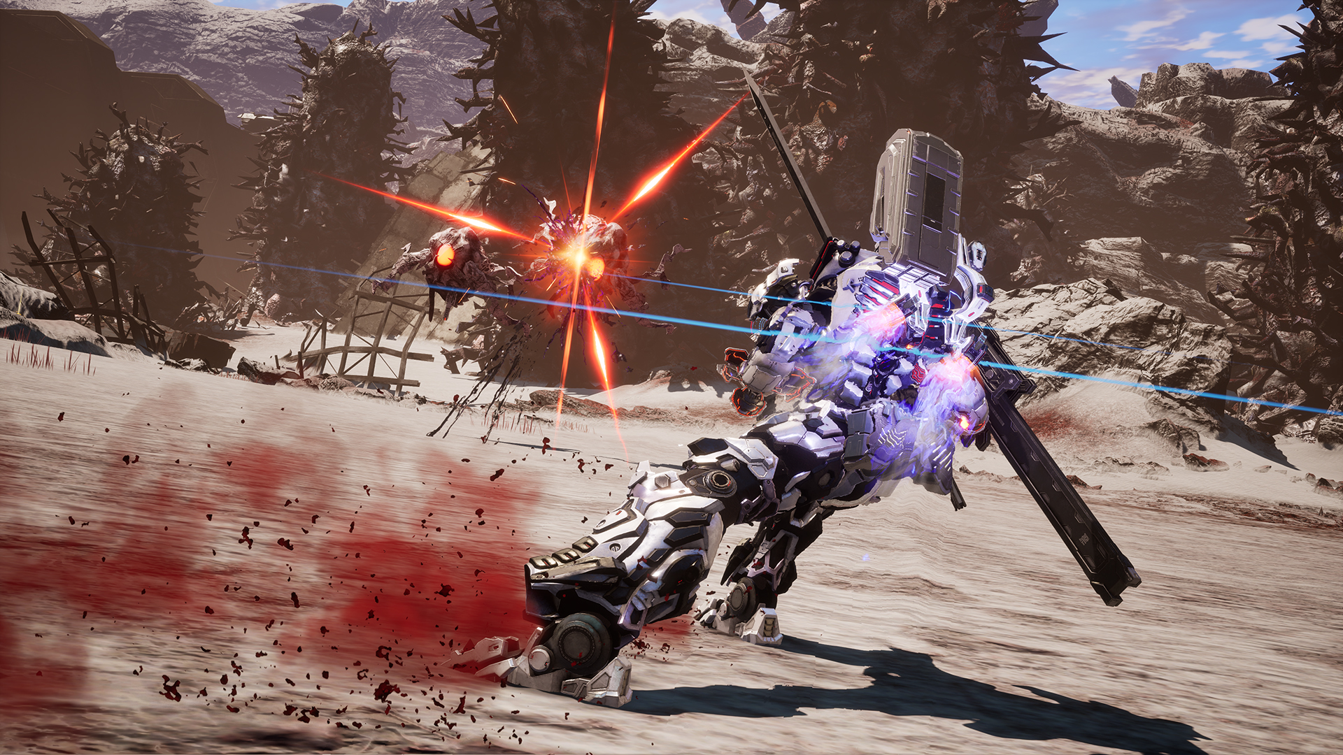 Un mech combatte contro due creature aliene in un paesaggio innevato. Sono visibili colpi di laser ed esplosioni. Il mech brandisce una grande spada.