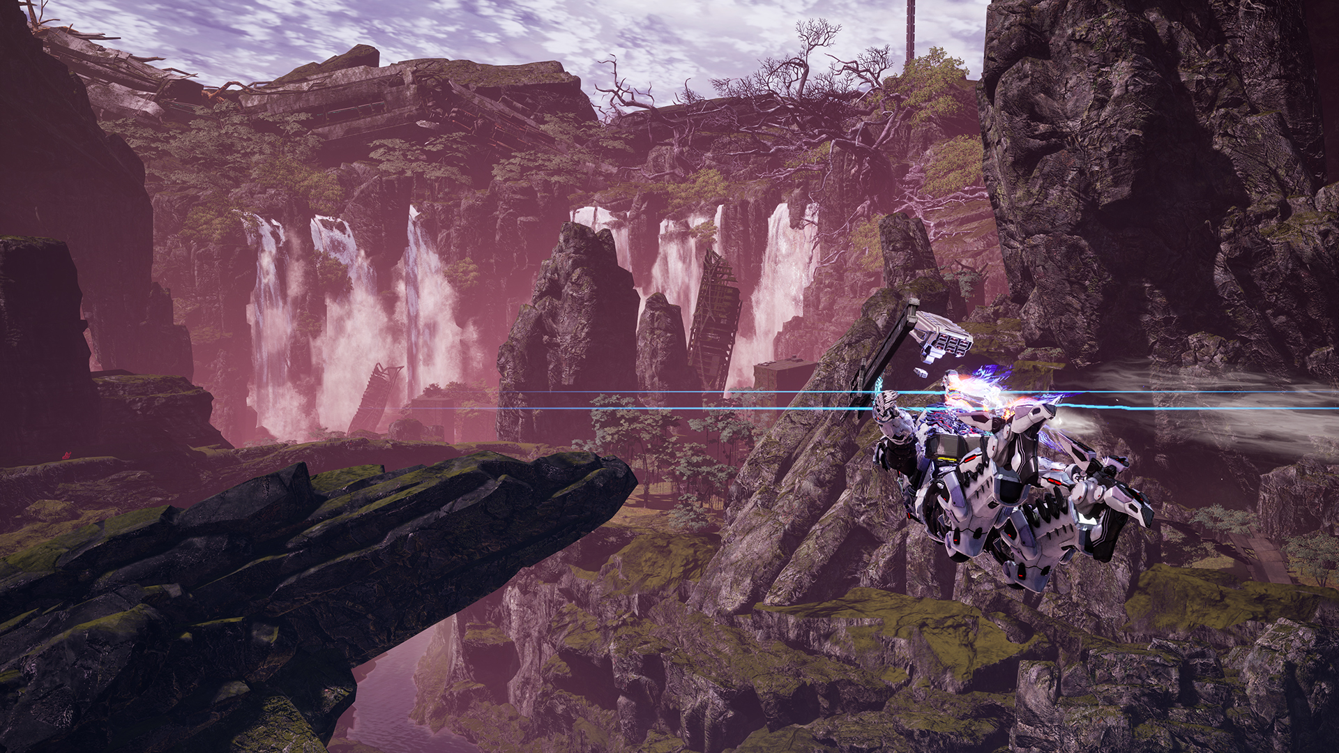 Un mech futuristico vola vicino a cascate e scogliere rocciose. Il cielo è nuvoloso. La scena ha una tonalità rosa generale.