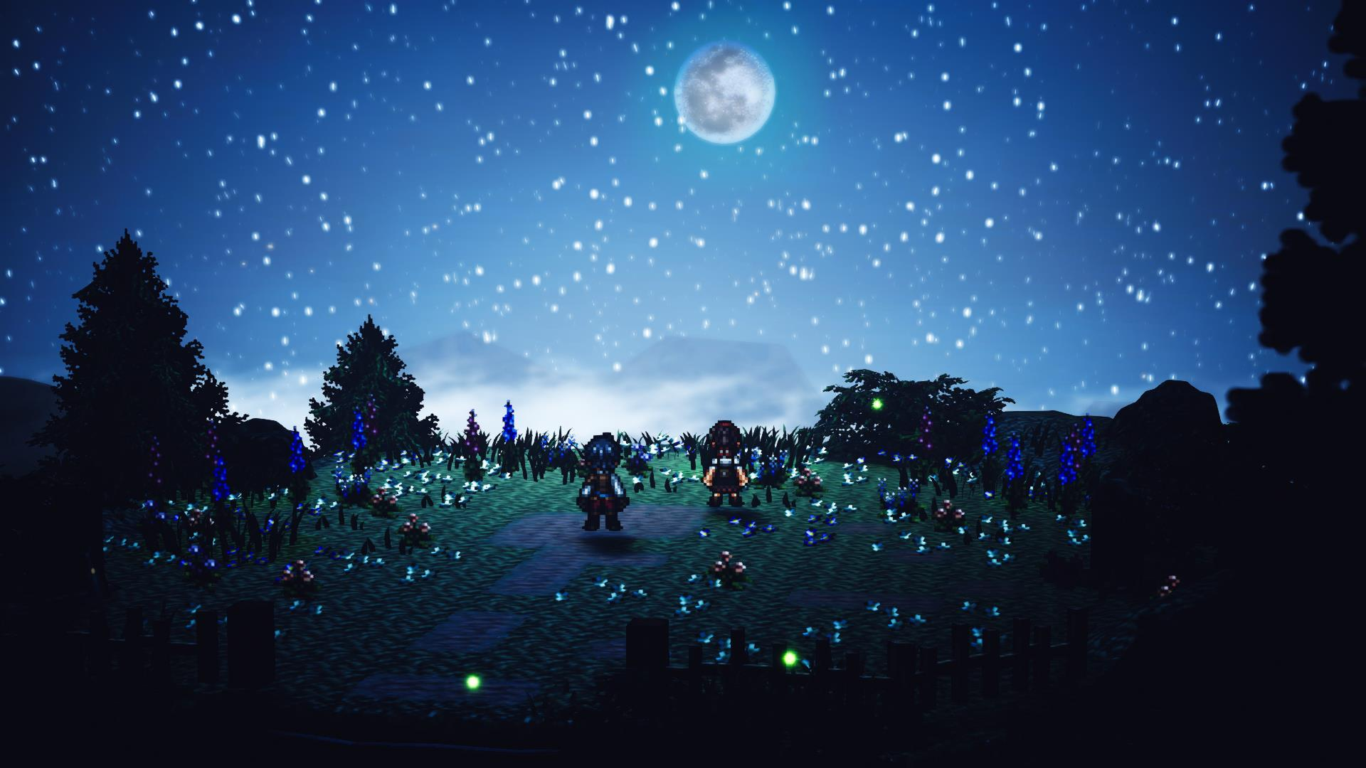 Scena notturna con due figure in un campo, cielo illuminato dalla luna con stelle e alberi. Illuminazione soffusa e un'atmosfera sognante.