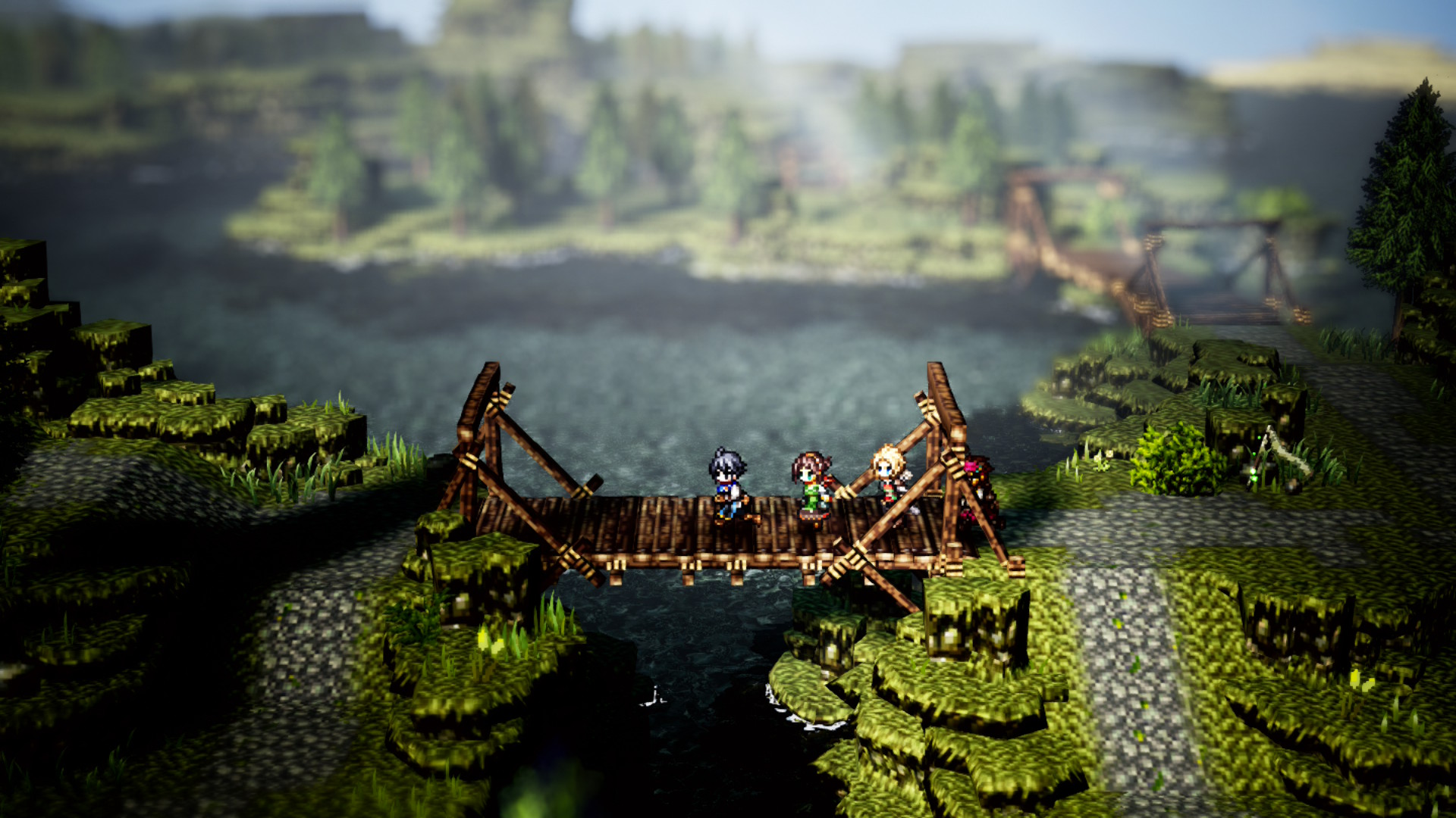 Un ponte di legno sull'acqua con tre personaggi. Le sponde verdi circondano l'acqua. Gli alberi sono sullo sfondo. Cielo nuvoloso.