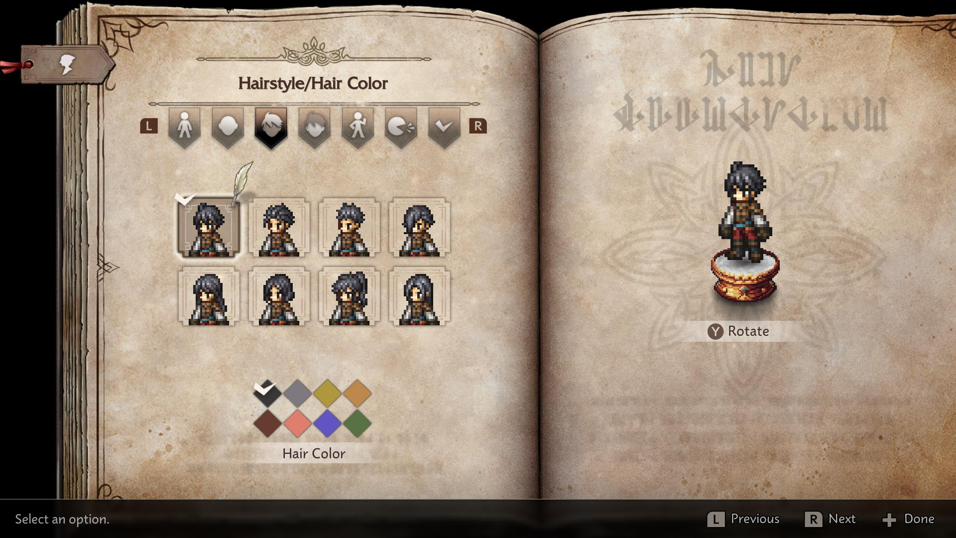 Un menu di gioco mostra le opzioni per capelli e colore dei capelli di un personaggio. La pagina è aperta in un libro. Il lato destro mostra un personaggio.