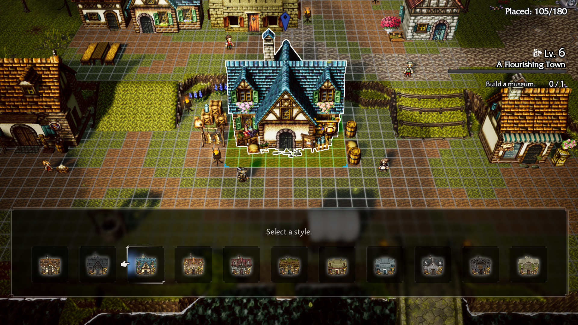 Vista isometrica di un'interfaccia di un gioco di costruzione di città. Un edificio è selezionato con un'opzione di stile evidenziata. Il livello del gioco è 6.