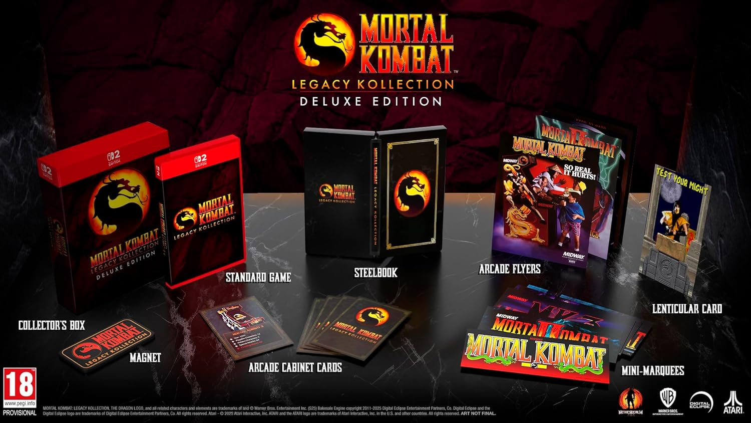 Mortal Kombat Legacy Kollection Deluxe Edition con vari elementi: gioco, steelbook, volantini arcade, carte e mini-insegne.