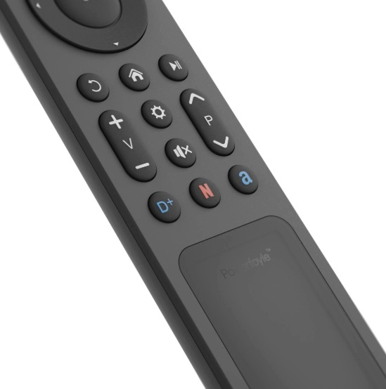 Szary pilot z wieloma przyciskami. Przyciski obejmują home, wstecz, plus, minus, głośność i inne. Dół ma panel dotykowy.