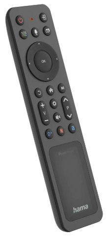 Ciemnoszary pilot z wieloma przyciskami i panelem dotykowym. Marka 'hama' jest widoczna na dole.