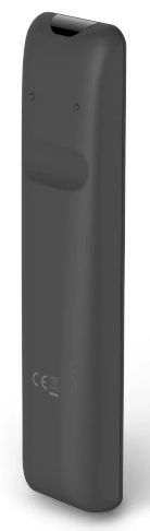 Ciemnoszary pilot, lekko pochylony. Na górze czujnik. Na dole oznaczenia CE. Na białym tle.