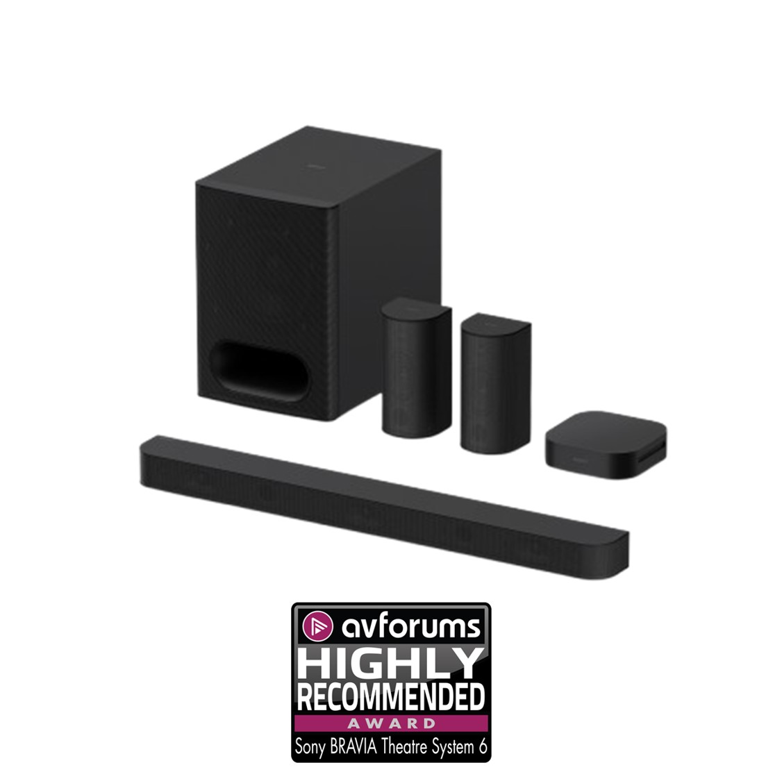 Un sistema de cine en casa Sony BRAVIA Theatre System 6 negro. Incluye barra de sonido, subwoofer, dos altavoces cilíndricos y un dispositivo cuadrado pequeño.
