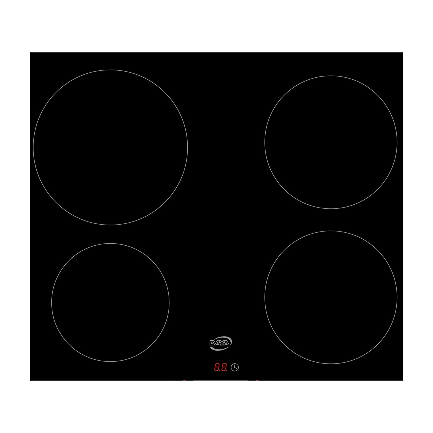 Piano cottura elettrico nero con quattro fuochi circolari. Un display digitale mostra un 8,8 rosso. Marca Daya.