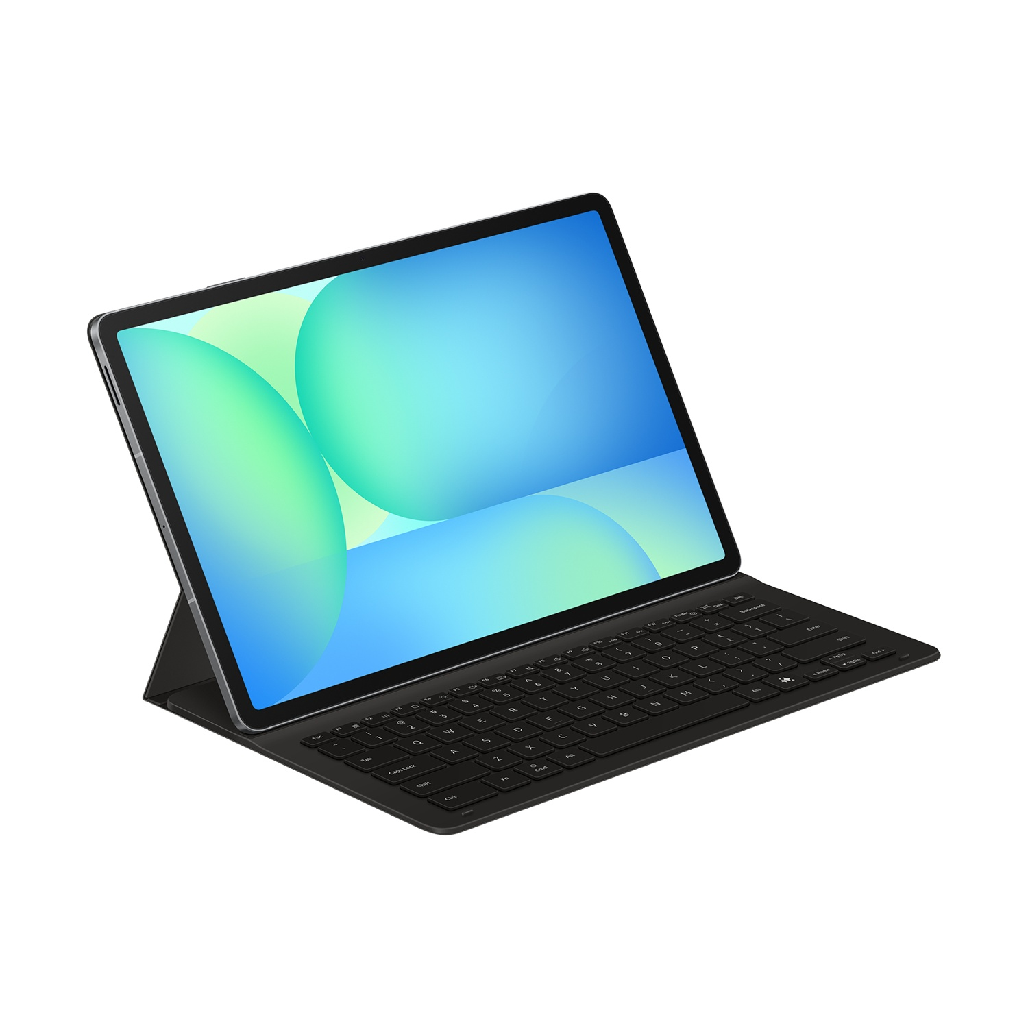 Un tablet con tastiera è aperto. Lo schermo mostra una grafica blu e verde. La tastiera è nera e lo sfondo è bianco.
