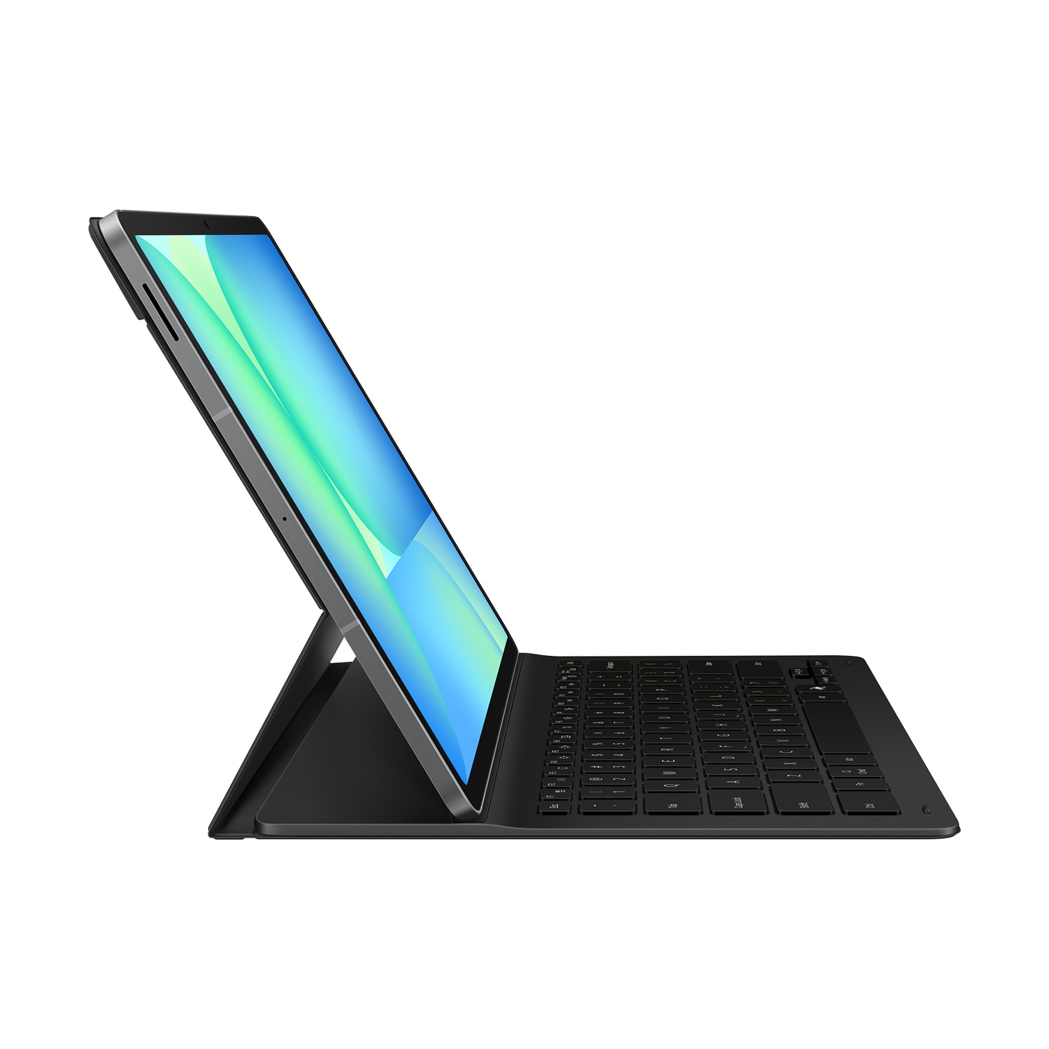 Un tablet appoggiato su una custodia con tastiera. Lo schermo mostra una sfumatura blu e verde. La tastiera è nera.
