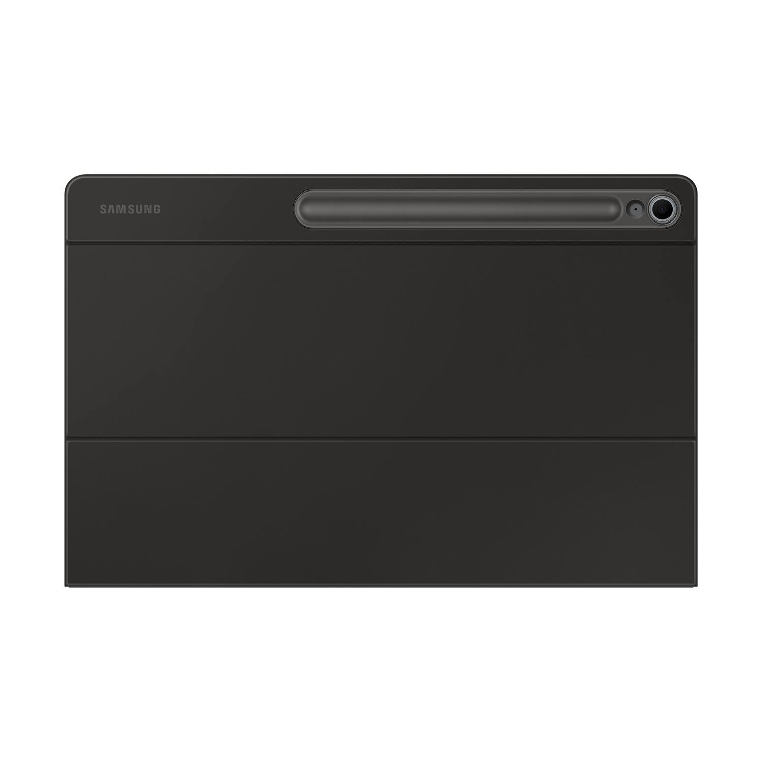 Una custodia nera per tablet Samsung. Ha un porta penna, una fotocamera e il logo Samsung.