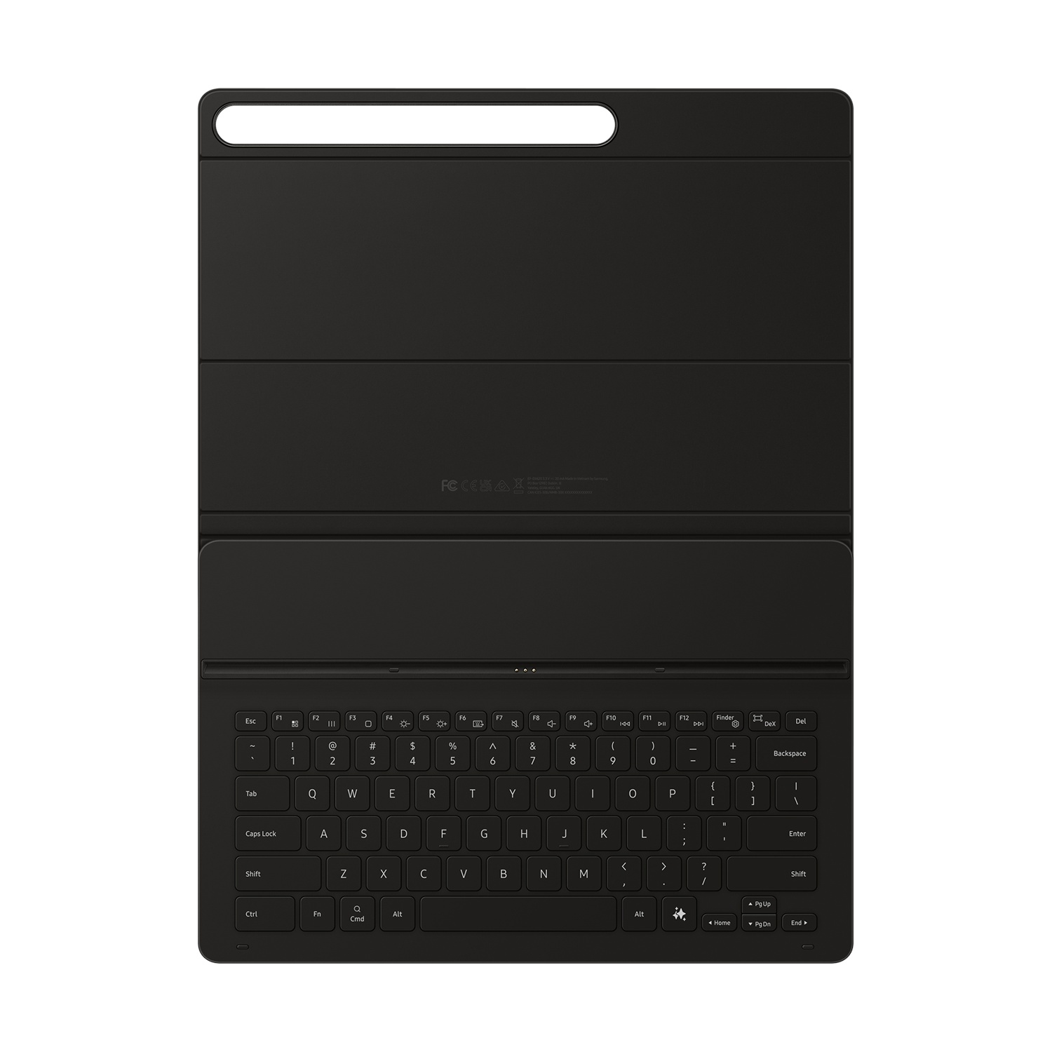 Una custodia per tastiera per tablet nera. I tasti sono visibili. La custodia è aperta, che mostra la tastiera e la copertura del tablet.
