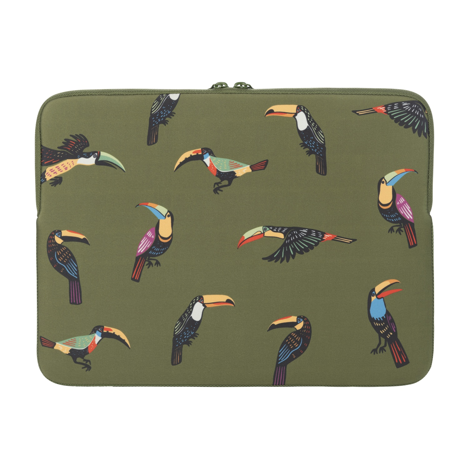 Una custodia per laptop verde oliva con un motivo di tucani colorati. I tucani hanno becchi gialli e vari colori sulle loro piume.