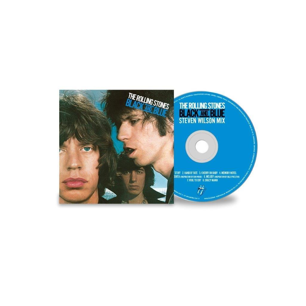 Albumcover von The Rolling Stones, Black and Blue, mit Bandmitgliedern und einer CD.
